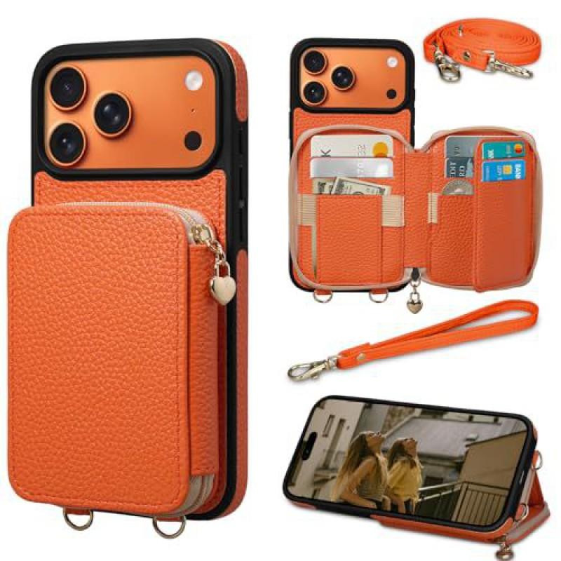 Leather Phone Case With Zipper Wallet Crossbody Strap IPhone 17 Pro Women Shockproof Protective Cover