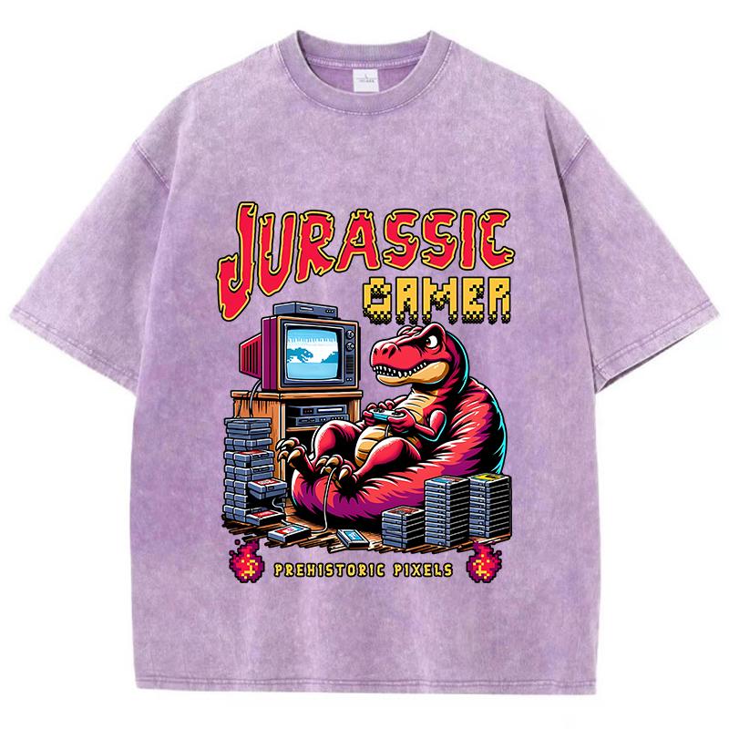 Street Woman Washed T-Shirts Jurassic Games Vintage Manga Print Short Sleeve Comfortable Cotton Oversize Tops Clothes