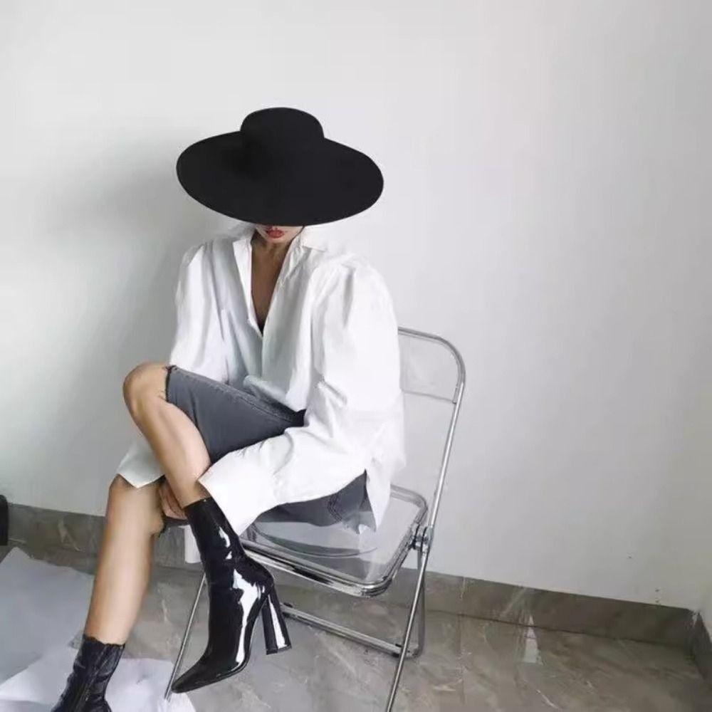 Wide Brim Felt Hat Hepburn Style Panama Hat New Flat-top Cap  Jazz