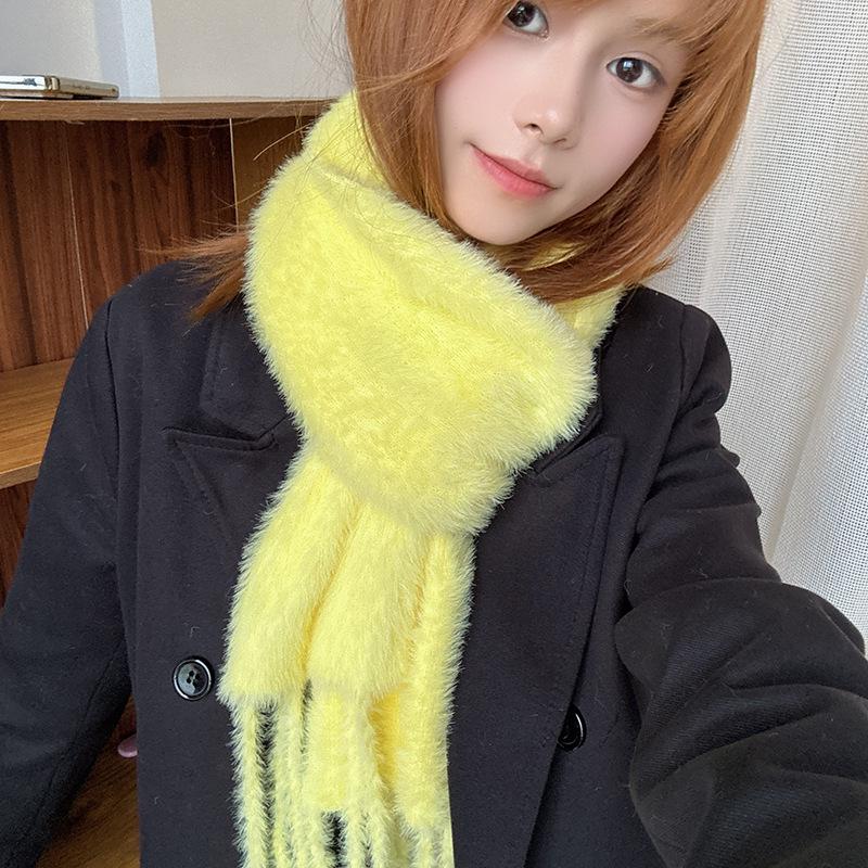 Luochi Knitting~Candy Color Plush Scarf: Soft, Skin-Friendly, Warm Tassels & Braids, Versatile Winter Neck Warmer for Women.