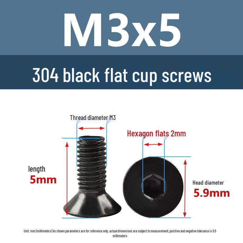 Yigu Black 304 Stainless Steel Extended Flat Head Hex Socket Screws (M2, M3, M4)