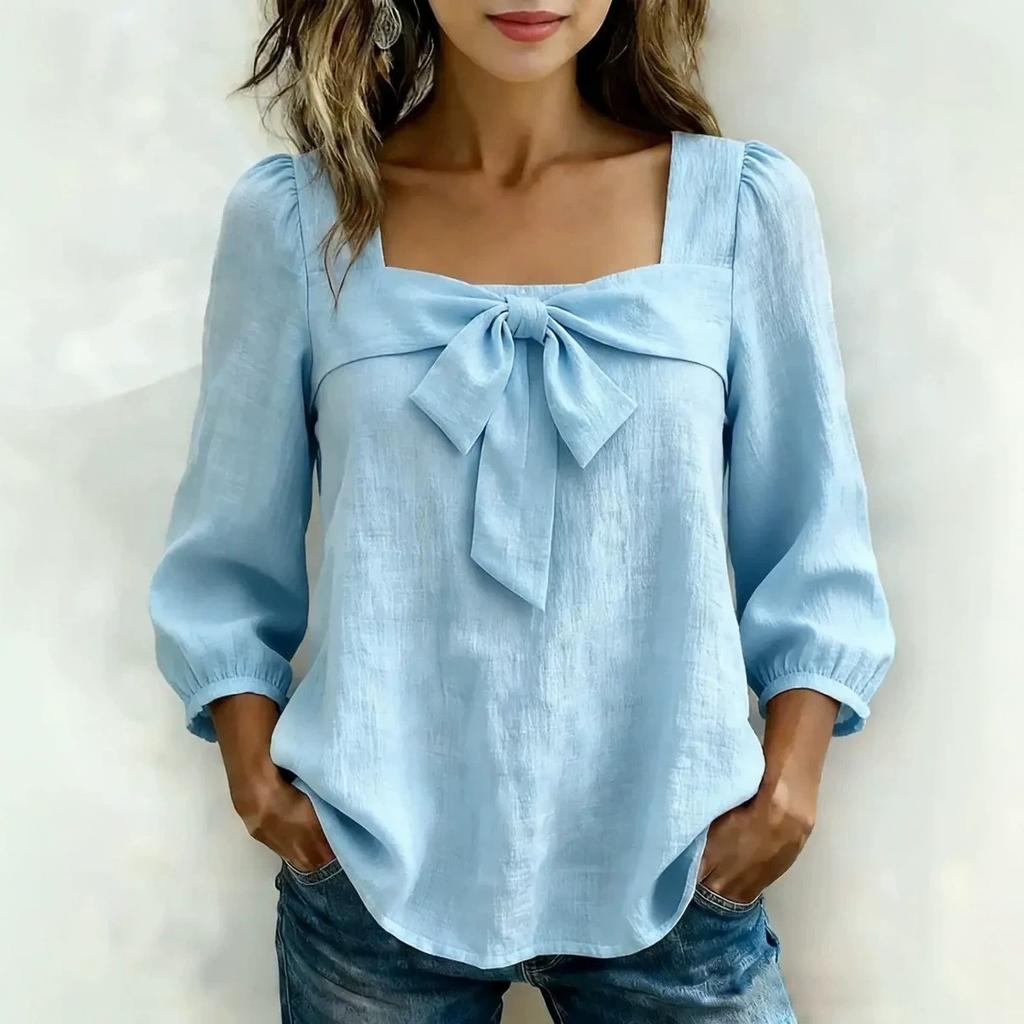 women's Square Neck Bow Tie Blouse 3/4 Puff Sleeve Casual Solid Color Top for Summer