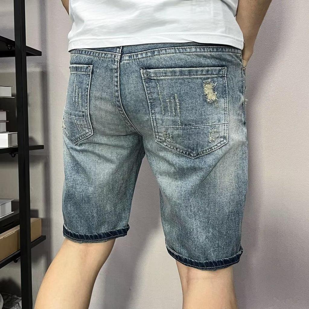 Tide Fashion Personality Colourful Stitching Embroidery Slim Denim Shorts Men's Summer Thin Section of The Hole In The Trousers