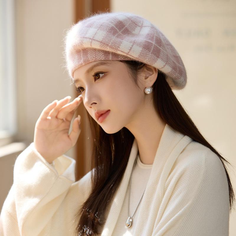 Winter Hat Women's Windproof Painter Hat Plaid Striped Beret Fashion Thermal Hat Hat for Women, Autumn Winter Versatile Warm Cold Weather Cap