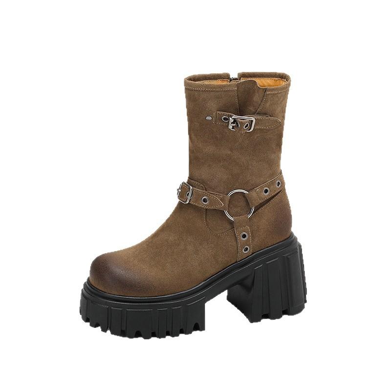 Frostet skinn retro polerte tykksålede Martin-støvletter for kvinner 2025 høst og vinter nye Maillard vanntette bord tykkhælede korte støvletter for w