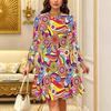 Women Long Sleeve Round Neck Midi Dress Boho Paisley Dot Floral Print Flared Casual Dress
