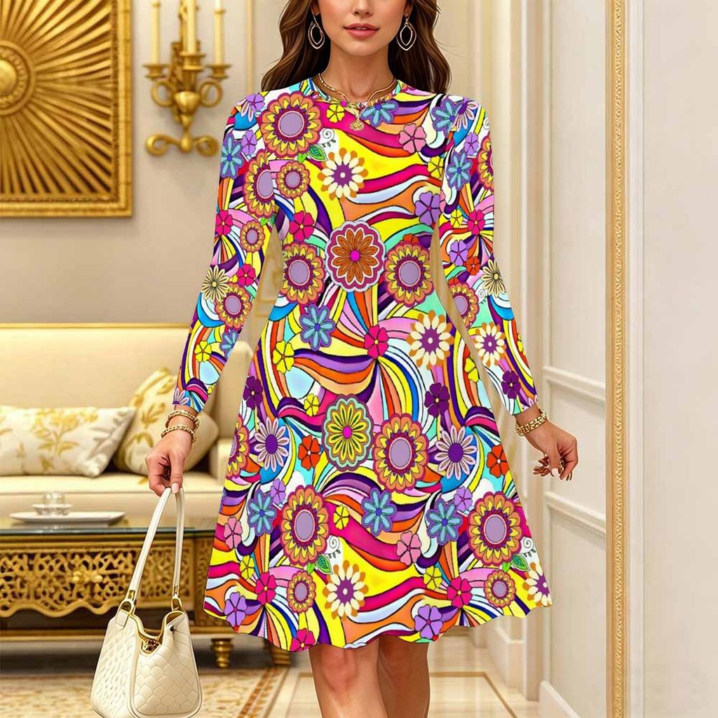 Women Long Sleeve Round Neck Midi Dress Boho Paisley Dot Floral Print Flared Casual Dress