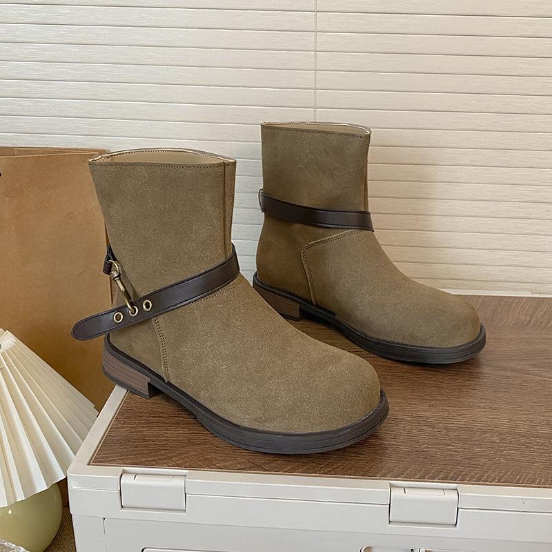 American belt buckle round head fashion boots high sense 2025 autumn and winter new retro thick heel locomotive boots women's boots