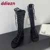 Fashion Female Round Toe Ladies Flats Knee High Boots Shoes Fashion Cross-tied Footwear Women Long Gladiator Sandals Boots New 2025