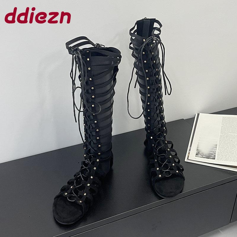 Fashion Female Round Toe Ladies Flats Knee High Boots Shoes Fashion Cross-tied Footwear Women Long Gladiator Sandals Boots New 2025