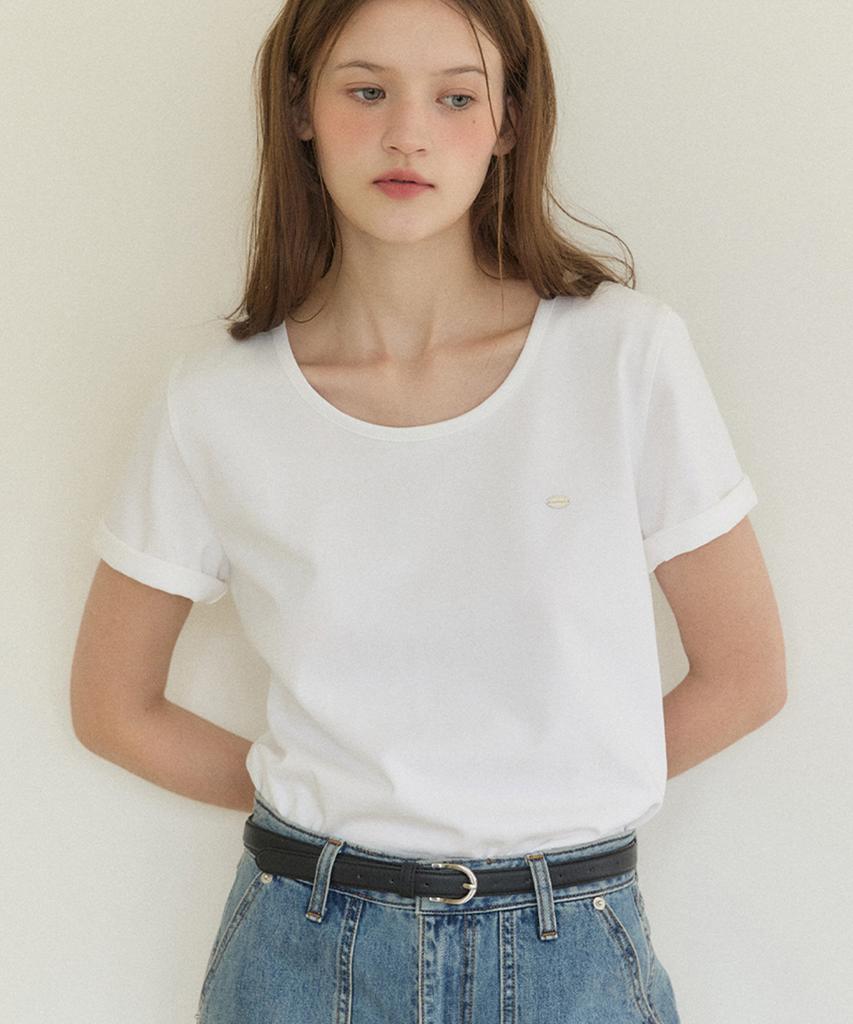 OURHOPE Logo Silky U-Neck T-Shirt - White
