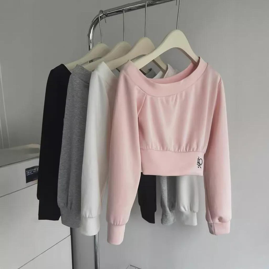 Europäischer und amerikanischer schulterfreier Pullover im koreanischen Stil - Herbstliches, leichtes, locker sitzendes, kurzes, langärmliges Damenoberteil