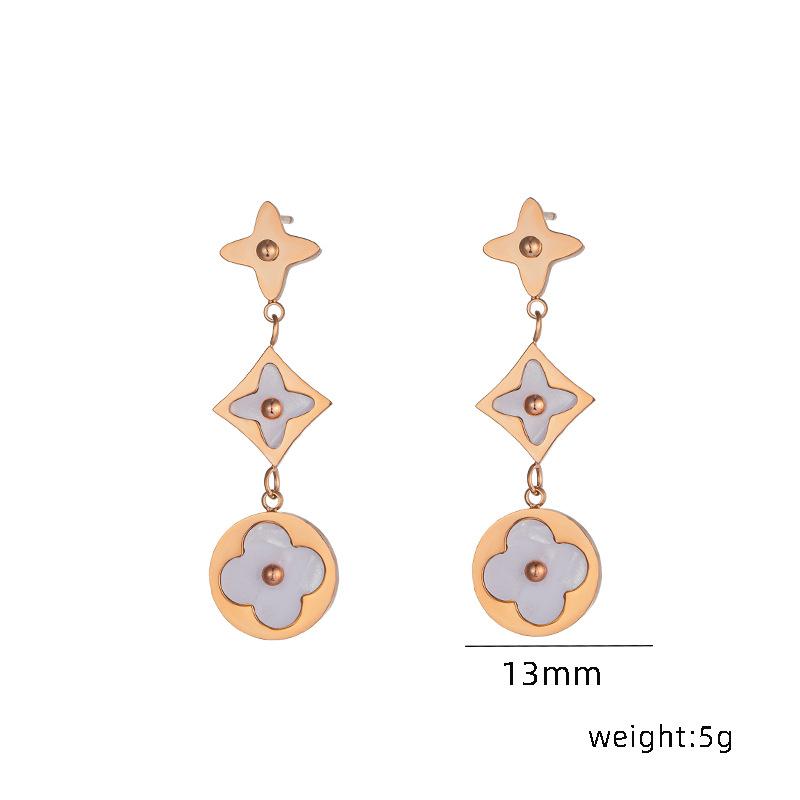 Four Leaf Grass White Shell Stainless Steel Earrings for Women's Versatile Earrings Chain Lock Bone Chain Jewelry Does Not Fade