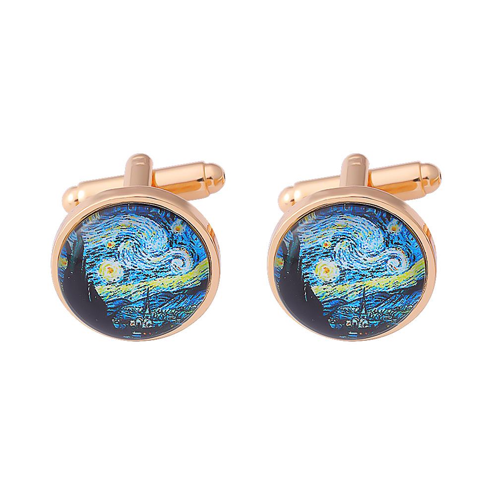 

Funny Glass Cabochon Art Picture Cufflinks Van Gogh The Starry Night Pattern Round Sleeve Button