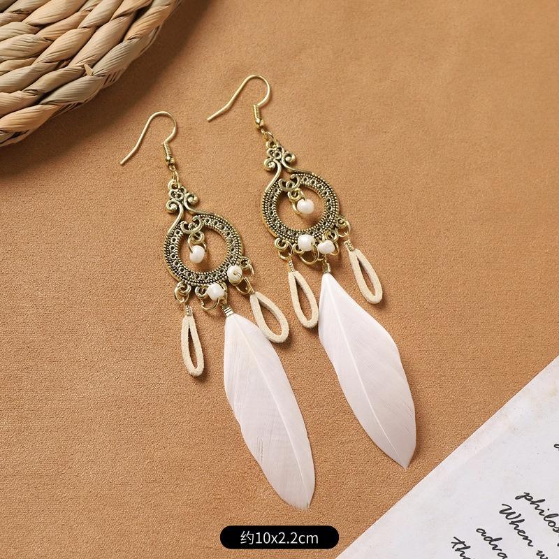 Bohemian Feather Earrings White Long Vintage Personality Tassel Women's Holiday Earrings