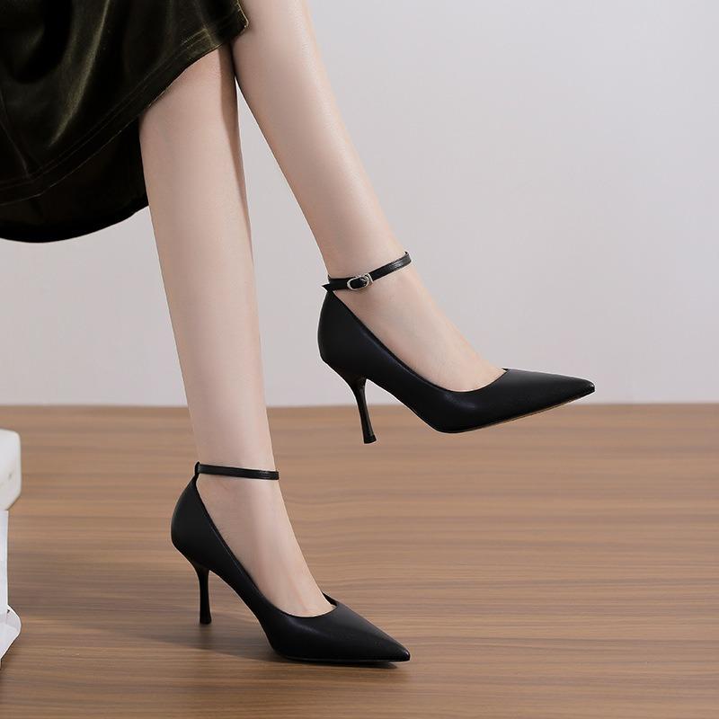 Wide one-word buckle with pointed tip, thin heel, light mouth, fiber high heels for women, daily commuting heels for women