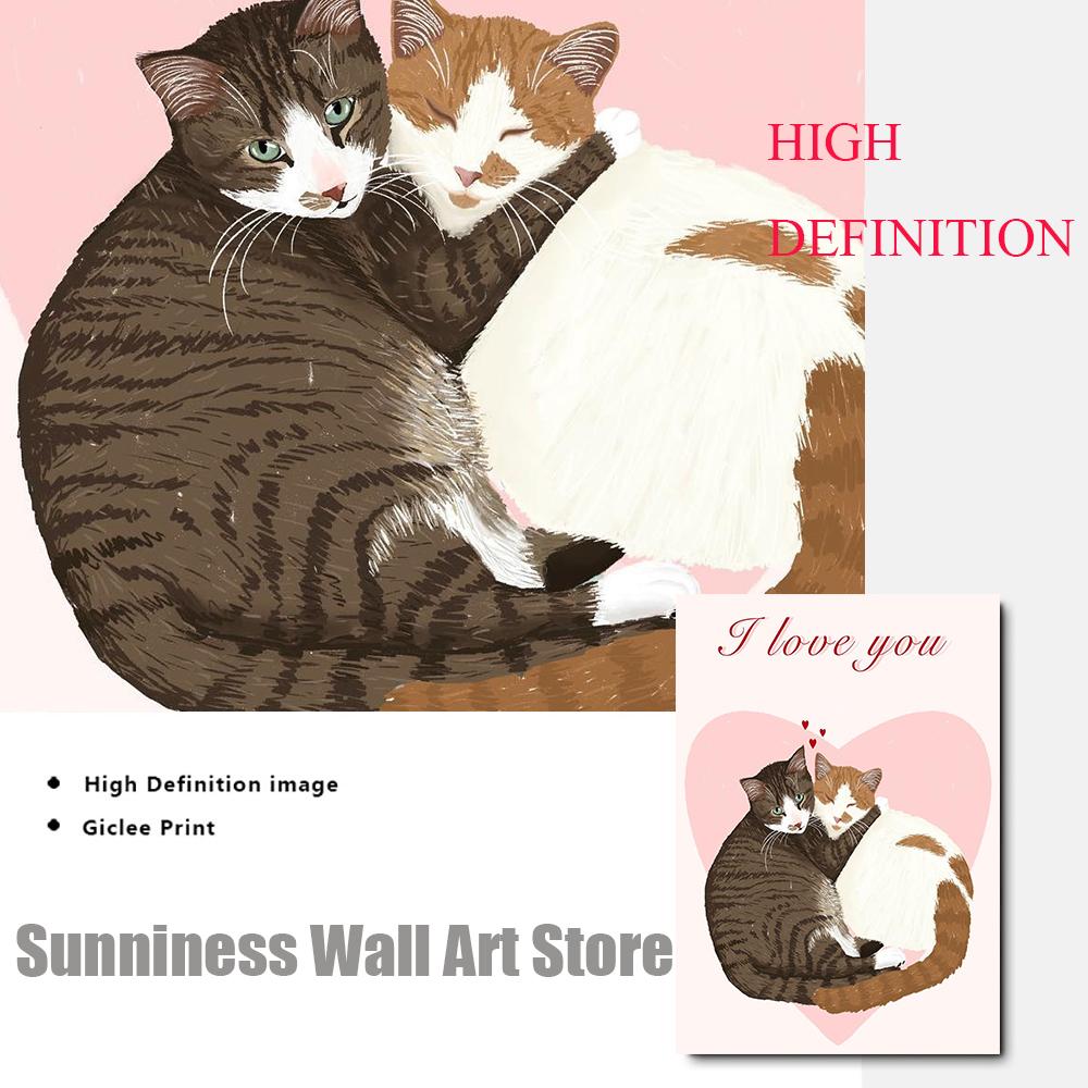 Valentinstag Geschenk Liebhaber Katzen Wandkunst Bilder Poster Drucke für Wohnzimmer Katzenpaar Hochzeitstag Leinwandmalerei