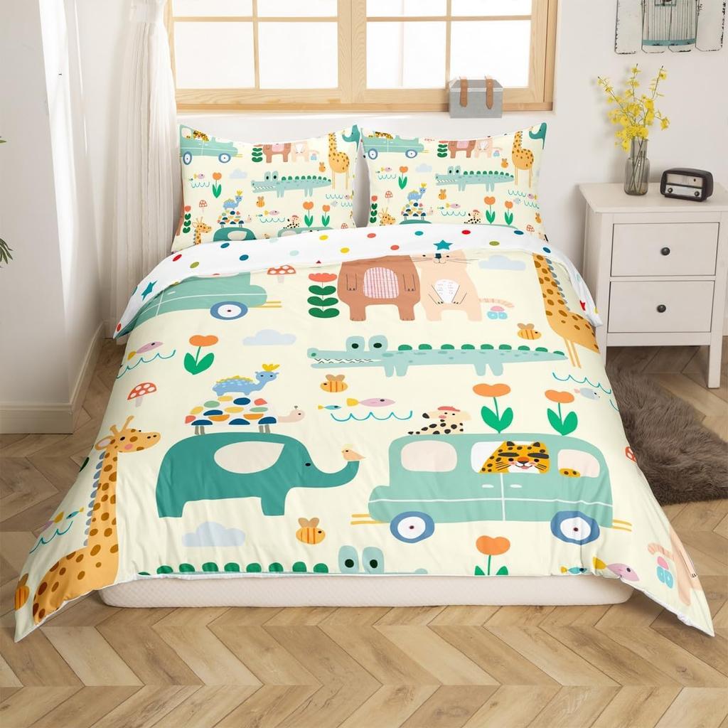 Fantasy Cartoon Animal Duvet Cover Set Queen King Size Morandi Color Printed Bedding Set For Kids Boys Girls 3 Piece Set