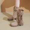 Retro fringed knight boots women's medium tube thick heel autumn and winter new ethnic style matte women's boots