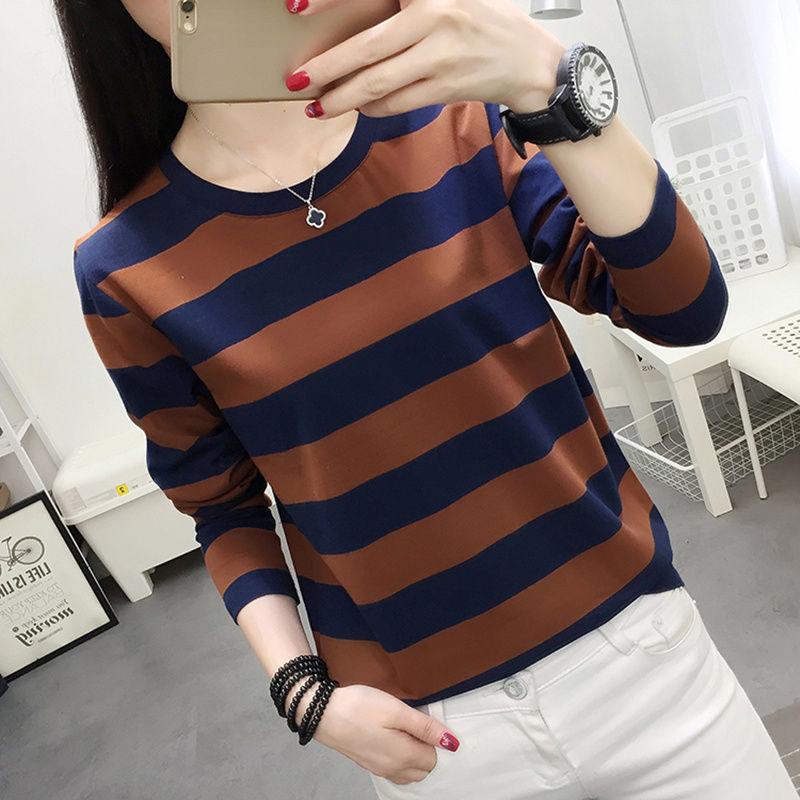 Plus Size Long Sleeve Striped T-Shirt Women's Loose-Fit Slimming Crew Neck Top for Spring Autumn