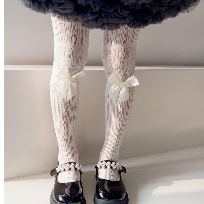 Fashion Fishnet Leggings for Girls Large Bowknot Tights Hollowout Stockings Kids Pantyhose for Summer Spring Dresses