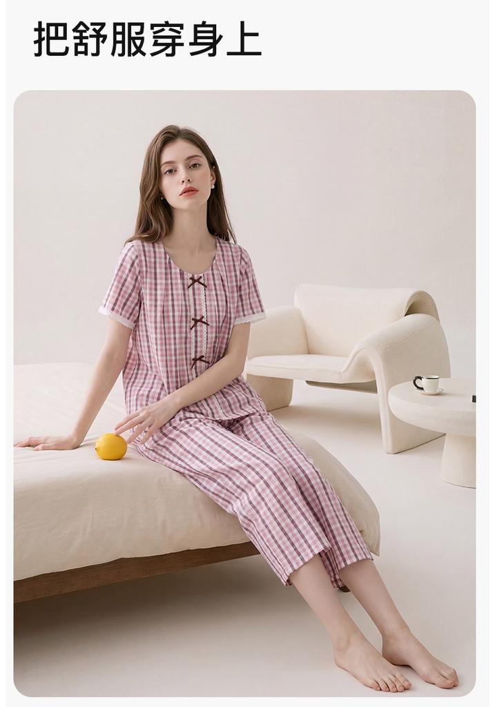 Fenteng [100% cotton] comfortable round neck countryside style patterned lace short sleeved home suit set for women's sleepwear