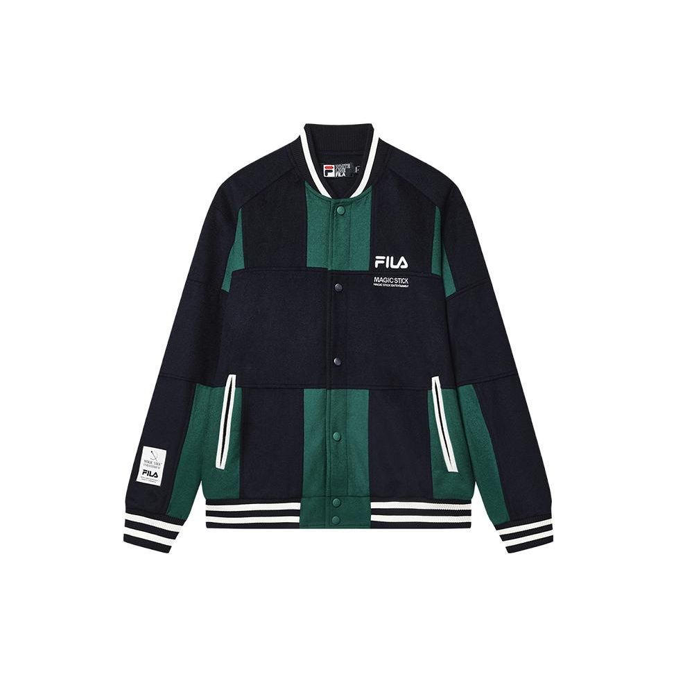 Fila Fleece Letter Embroidery Color Block Loose Long Sleeve Baseball Jacket Men Jackets Secret-Mirror-Blue F11M319701F