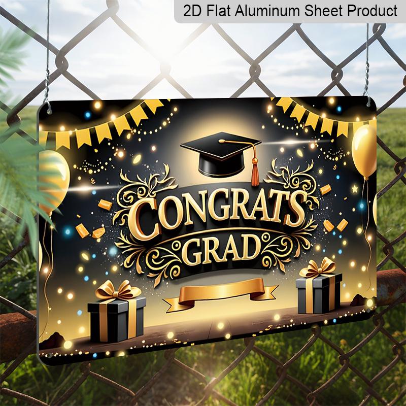 2D Flat, 1pc "Congrats Grad" Graduation Plaque - Black & Gold Graduation Decor Sign with Cap & Balloons, Black & Gold - Aluminium Wall Hanging