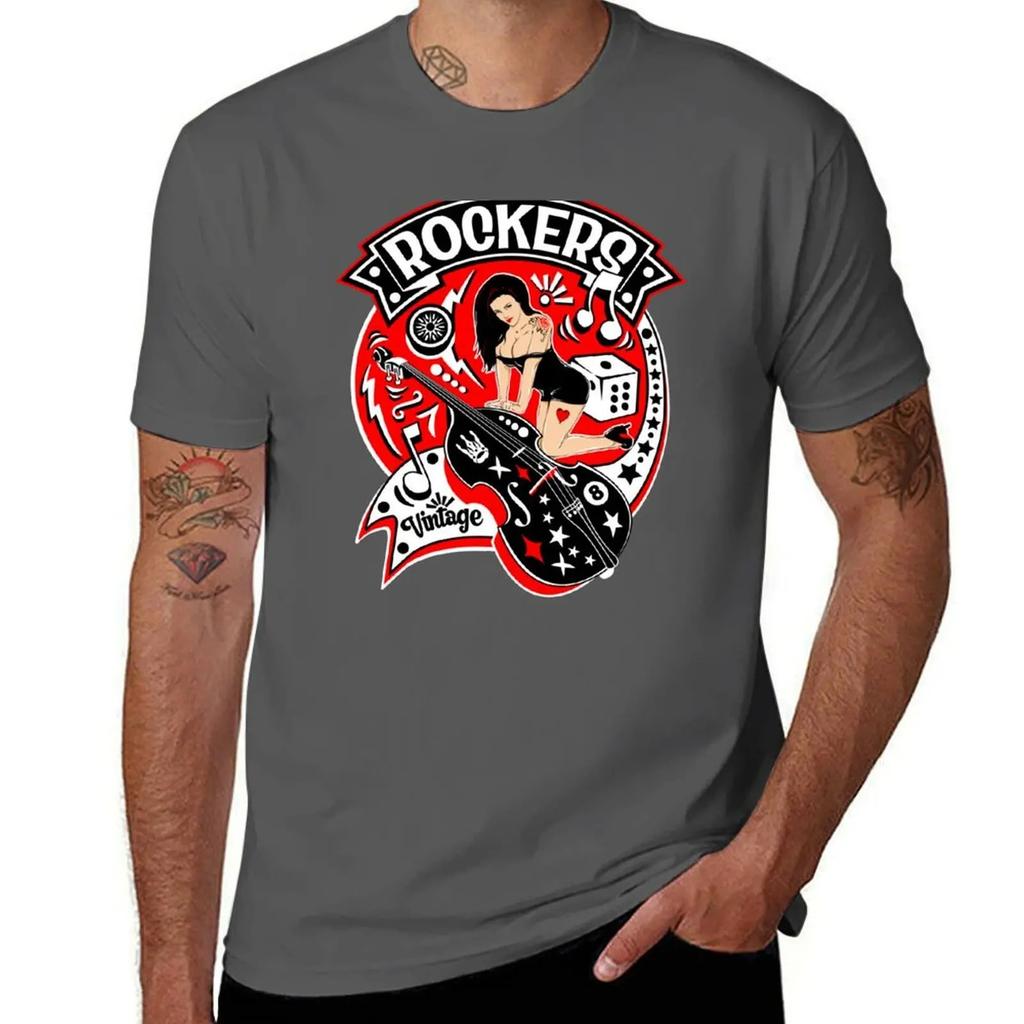 Rockers Vintage Rockabilly Pin-Up Girl Double Bass Graphic Print Retro Rock Streetwear T-Shirt