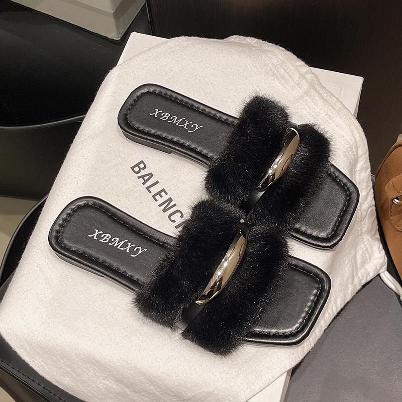 

French fairy wind fluffy slippers female outer wear 2025 autumn and winter new small fragrant wind flat bottom non-slip lazy word drag 42 чёрный