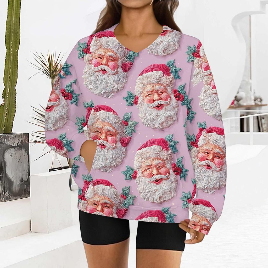 Women's Fashionable Christmas Print Long-sleeved V-neck Sweatshirt