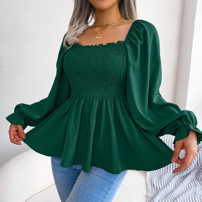 Damen Casual Bluse mit Holz-Ohrenklappen, quadratischem Ausschnitt, langen Ärmeln und Chiffonstoff M grün