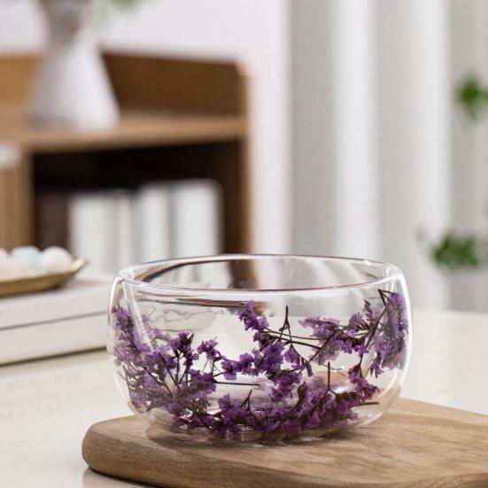 Bol de Sticlă 300ml cu Perete Dublu din Sticlă Borosilicată cu Flori Uscate Bol Decorativ Artistic pentru Supă Desert