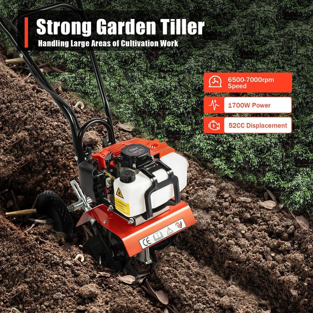 52CC 2-Stroke Gas Mini Tiller 1700W Compact Rototiller for Garden Soil Cultivation