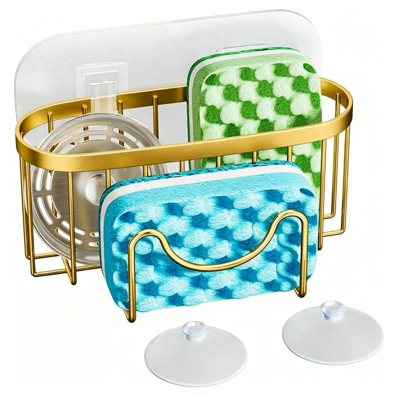 Suction Cup Hollowed Sponge Rack with Hanging Hook Easy to Clean Non-Punching Kitchen Sink Drain Organizer