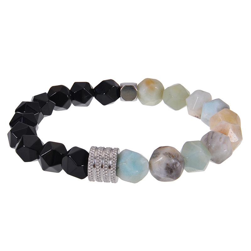 Men's Retro Stainless Steel and Beaded Bracelet with 10mm Faceted Amazonite and Black Obsidian.