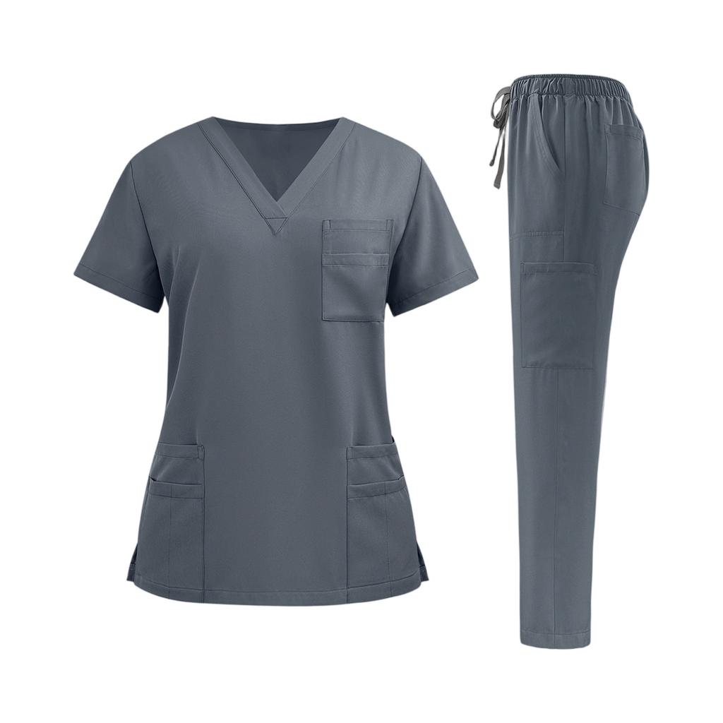 Damen Krankenpfleger Uniform Set Schnelltrocknendes Gewebe V-Ausschnitt Kurzarm Oberteil mit Taschen und Elastischem Bund Lange Hose Medizinische Arbeitskleidung Set