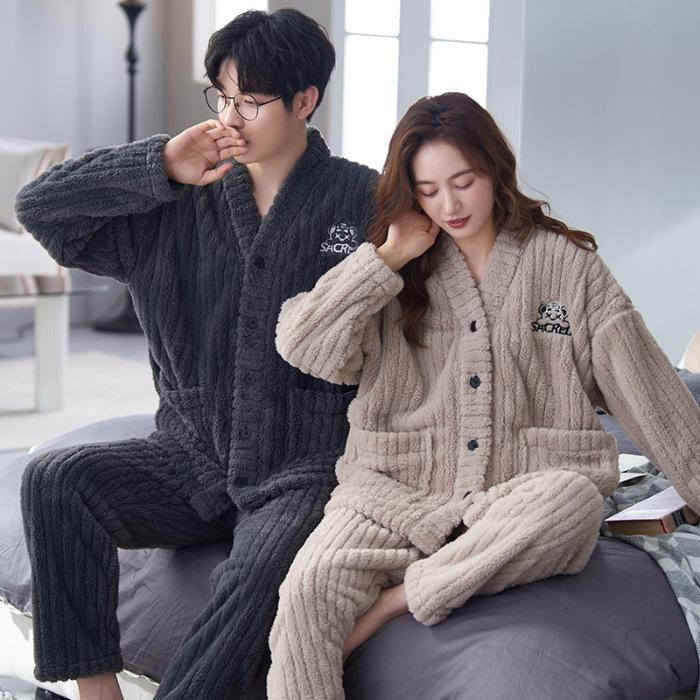 Couple Pajamas Women'S Coral Fleece Winter Thickened Fleece Cardigan Autumn And Winter Flannel Men'S Loungewear Set