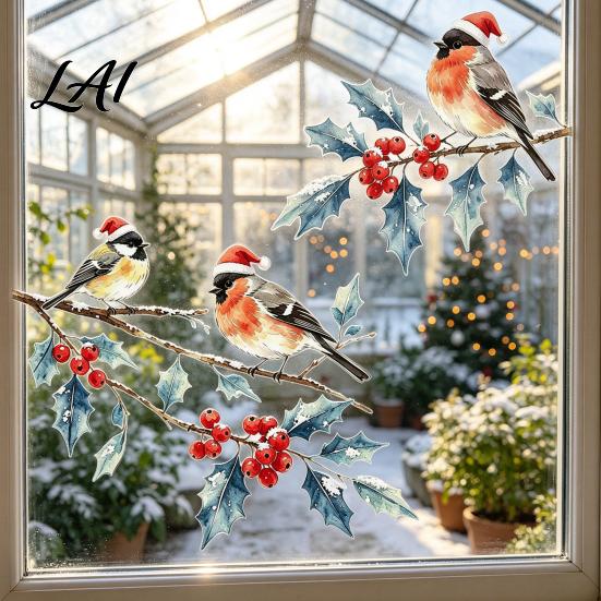 Watercolor Bird Window Stickers Christmas Sticker Santa Hat On Beey Sticker Branch Static Decal Waterproof Cling for Holiday Party Accents