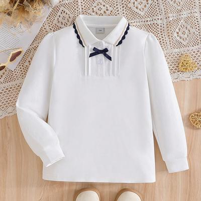 Camiseta Polo Blanca de Manga Larga para Niñas con Cuello con Volantes Lazo Elegante Camisa Infantil para la Vuelta al Cole para Edades 5-12