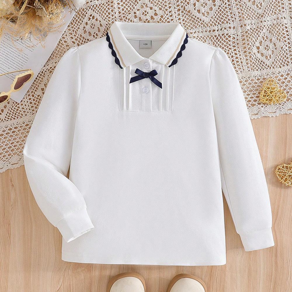 

Белая футболка-поло с длинным рукавом для девочек, с воротником с оборками и бантом, элегантная детская рубашка для школы, для возраста 5-12 лет 150 белый