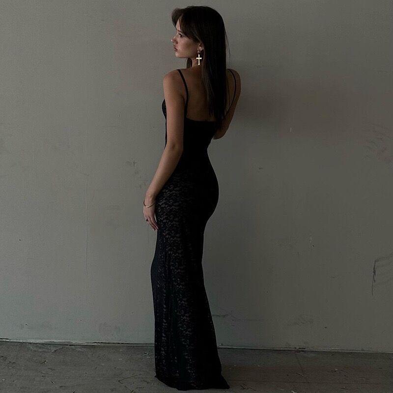 European & American Spaghetti Strap Lace See-through Waist-cinching Backless Maxi Dress