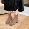 Spot second hair high-heeled short boots women's 2025 new spring and autumn elastic boots suede round head waterproof table thick heel thin boots