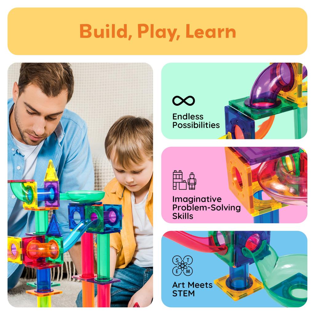 PicassoTiles Marble Run Magnetic Tiles 100 Pieces Race Track Toy STEM Building Learning Education Magnetic Building Kids Educational Kit for Boys