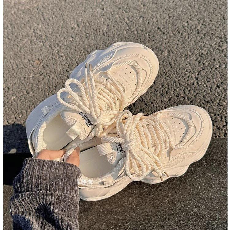 High Platform Sneakers Women Leather Dad Shoes Women Black Chunky Sneakers Thick Sole Shoes 2026 Fashion Height Increasing Shoes