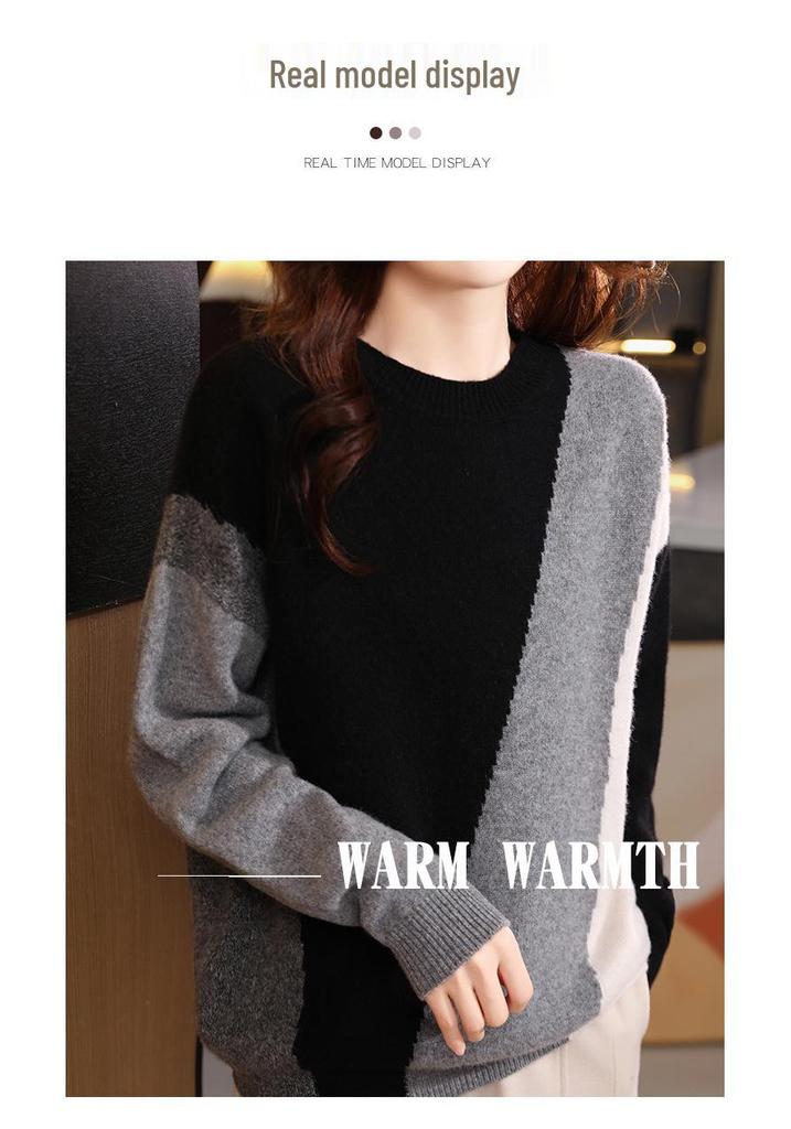 2024 Women's Elegant Color Block Wool Knit Pullover - Round Neck Loose Casual Sweater