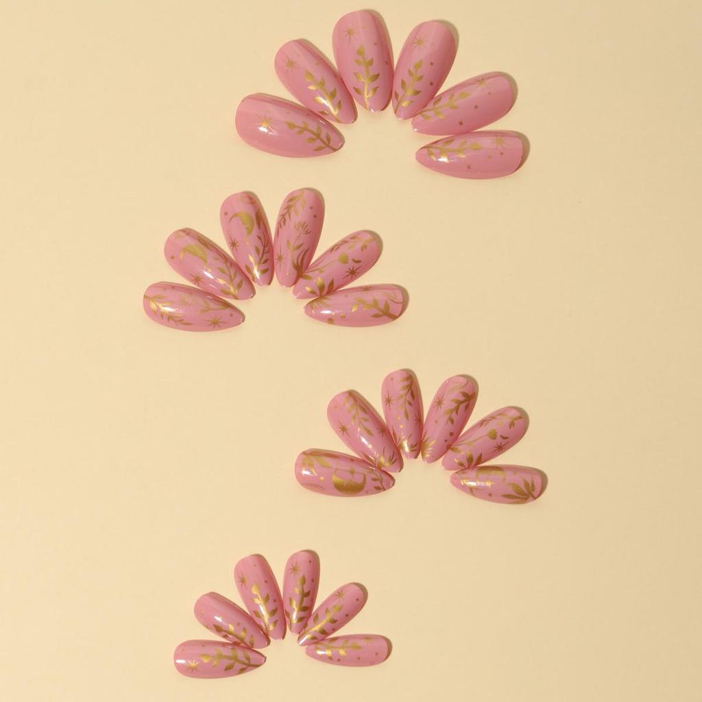 Almond Style Wearable Nails: Gold Line, Leaves, Flowers, Stars, Moons Design - Short 24-Piece Set