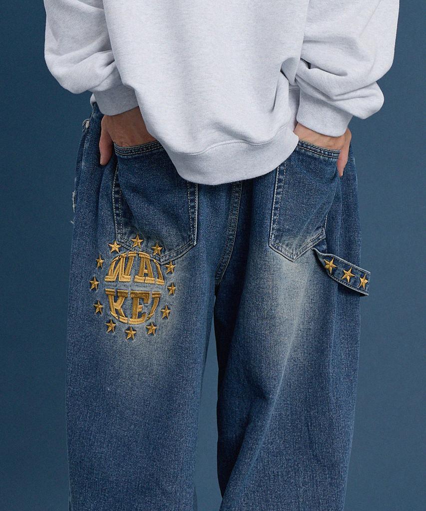 WAIKEI Star Applique Embroidery Denim Pants Medium Blue