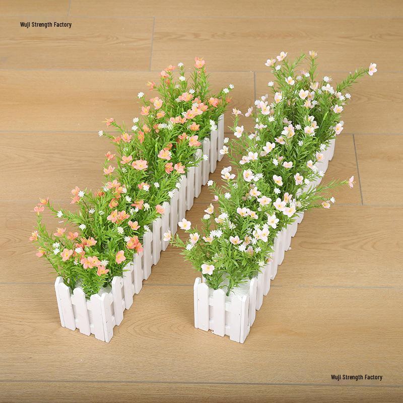 Silk Flower Pot with Wood Fence: Decorative Bonsai for Living Room or Office.