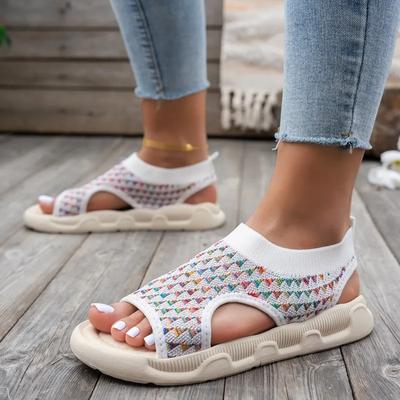 Fashion Ladies Shoes 2025 Knitted Women's Sandals Summer Casual Sandals Women Mixed Colors Slip On Flat with Plus Size Shoes Female